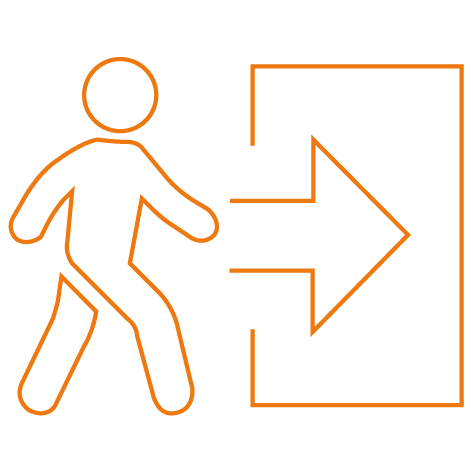 orange graphic depicting figure walking in to building