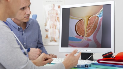 An image of a doctor with a patient reviewing a urology scan