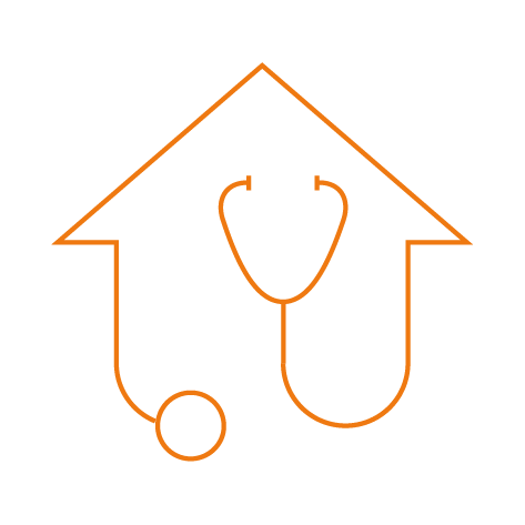orange graphic showing a house symbol with the gp stethoscope intertwined