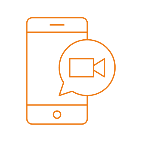 orange graphic showing a phone and a video call symbol, depicting telephone or video consultations available