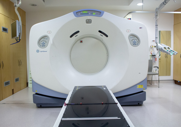 An image of a large machine, the CT scanner, in place at The London Clinic. Facing the entry of the scanner 