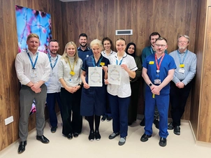 Say Success! Colleagues from the Radiotherapy, Medial PhTeams gather to celebrate achieving the CHKS Accreditation Programme for Health and Care Organisations