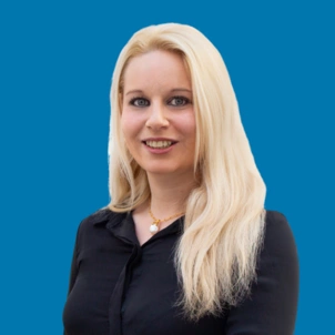 Headshot of Rachael Church, Director of Philanthropy at The London Clinic. Picture on a blue background