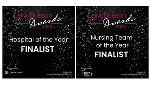 Two graphics side by side - both are Laing Buisson branded. They say "Hospital of the Year Finalist", and "Nursing Team of the Year Finalist". 2024 Awards