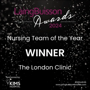 A graphic which says "LaingBussion Awards 2024: Nursing Team of the Year Winner: The London Clinic"