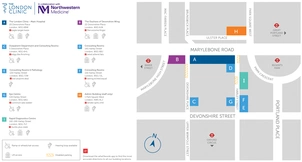 A 2D map of The London Clinic with the buildings and addresses listed, including what3words, accessibility information and local tubes.