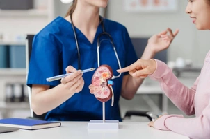 Doctor and patient with kidney model