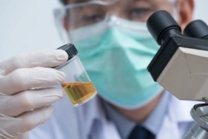 Man looks at urine in test tube