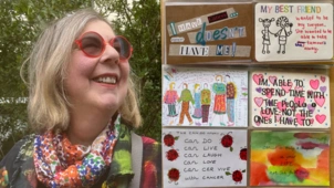 Lynda and her postcards