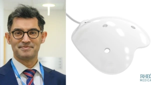 Dr Ahmed Faisal on the left, with eyeplate design on the right