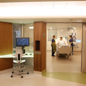 An image of two doctors around a patient in a bed